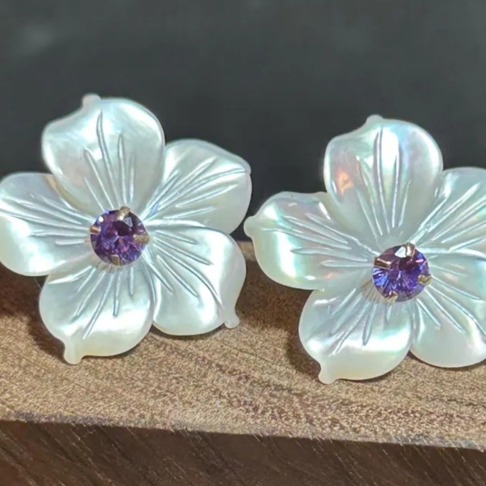 Vintage 10K Amethyst Pearls Flower Earrings